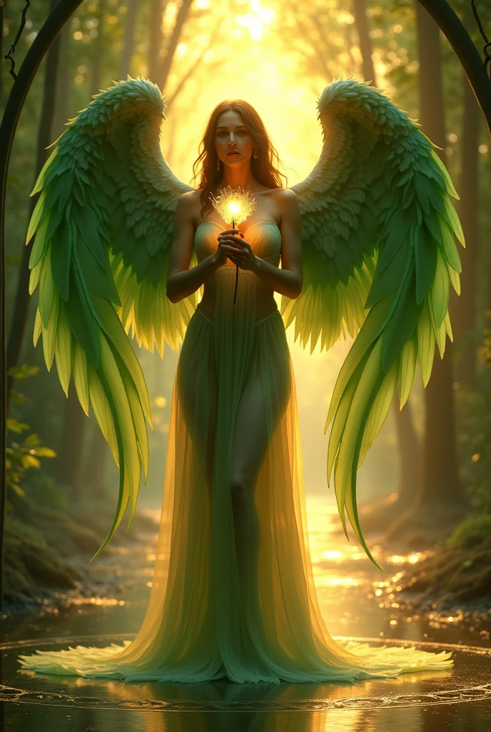 Create an image of a dark feminine angel with imposing wings and ethereal details, standing in a serene posture on a glass floor. The scene is illuminated by the soft light of a sunrise in an enchanted forest.. The overall tone conveys a mix of peace and ancient mystery.. The angel wings are large and detailed, with almost realistic feathers. The figure is standing with both arms extended upwards., holding a luminous flower that seems to radiate pure energy. The light of dawn casts a warm glow that slightly illuminates the figure. The color palette consists of soft and warm tones, predominantly gold and green. The wings are emerald green., contrasting with the bright background. The angel&#39;s skin is a golden hue, almost translucent, standing out in the bright surroundings. The floor is a clear glass pattern, and the lighting is soft and diffuse, creating light shadows and a magical atmosphere. The background is bright and hazy, adding an air of introspection and mystery to the scene, recalling the magical and supernatural atmosphere of &#39;Pan&#39;s Labyrinth&#39;