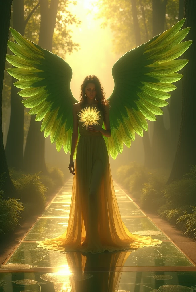 Create an image of a dark feminine angel with imposing wings and ethereal details, standing in a serene posture on a glass floor. The scene is illuminated by the soft light of a sunrise in an enchanted forest.. The overall tone conveys a mix of peace and ancient mystery.. The angel wings are large and detailed, with almost realistic feathers. The figure is standing with both arms extended upwards., holding a luminous flower that seems to radiate pure energy. The light of dawn casts a warm glow that slightly illuminates the figure. The color palette consists of soft and warm tones, predominantly gold and green. The wings are emerald green., contrasting with the bright background. The angel's skin is a golden hue, almost translucent, standing out in the bright surroundings. The floor is a clear glass pattern, and the lighting is soft and diffuse, creating light shadows and a magical atmosphere. The background is bright and hazy, adding an air of introspection and mystery to the scene, recalling the magical and supernatural atmosphere of 'Pan's Labyrinth'