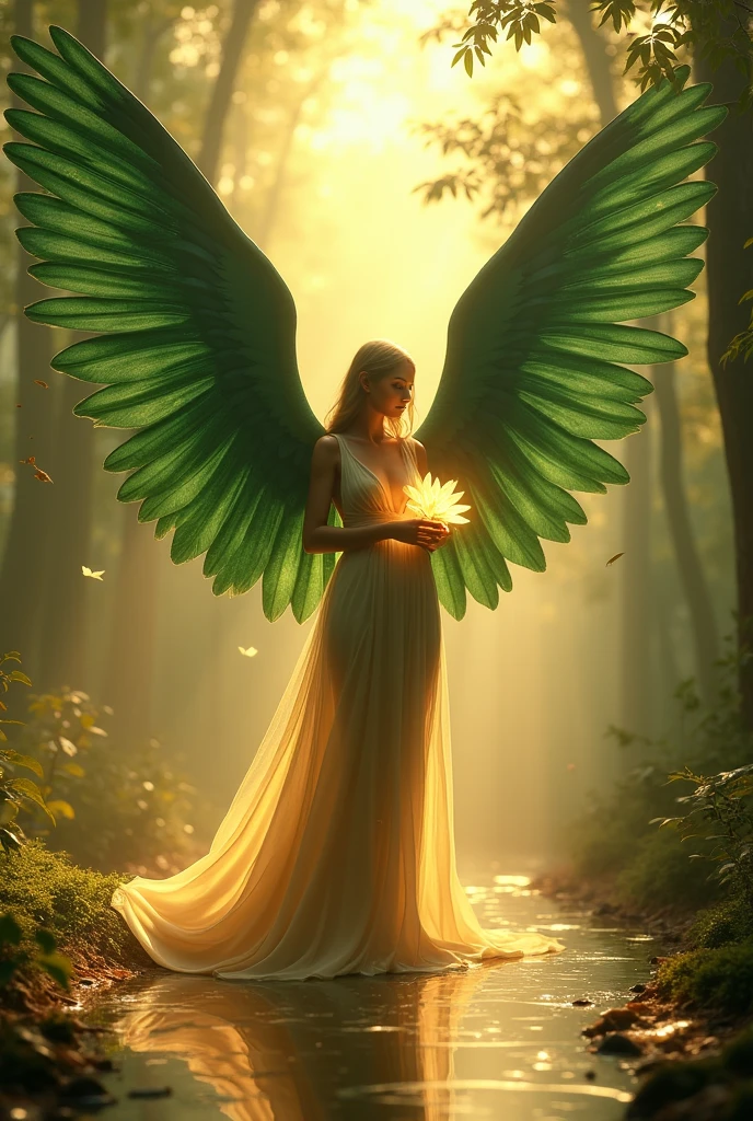 Create an image of a dark feminine angel with imposing wings and ethereal details, standing in a serene posture on a glass floor. The scene is illuminated by the soft light of a sunrise in an enchanted forest.. The overall tone conveys a mix of peace and ancient mystery.. The angel wings are large and detailed, with almost realistic feathers. The figure is standing with both arms extended upwards., holding a luminous flower that seems to radiate pure energy. The light of dawn casts a warm glow that slightly illuminates the figure. The color palette consists of soft and warm tones, predominantly gold and green. The wings are emerald green., contrasting with the bright background. The angel&#39;s skin is a golden hue, almost translucent, standing out in the bright surroundings. The floor is a clear glass pattern, and the lighting is soft and diffuse, creating light shadows and a magical atmosphere. The background is bright and hazy, adding an air of introspection and mystery to the scene, recalling the magical and supernatural atmosphere of &#39;Pan&#39;s Labyrinth&#39;