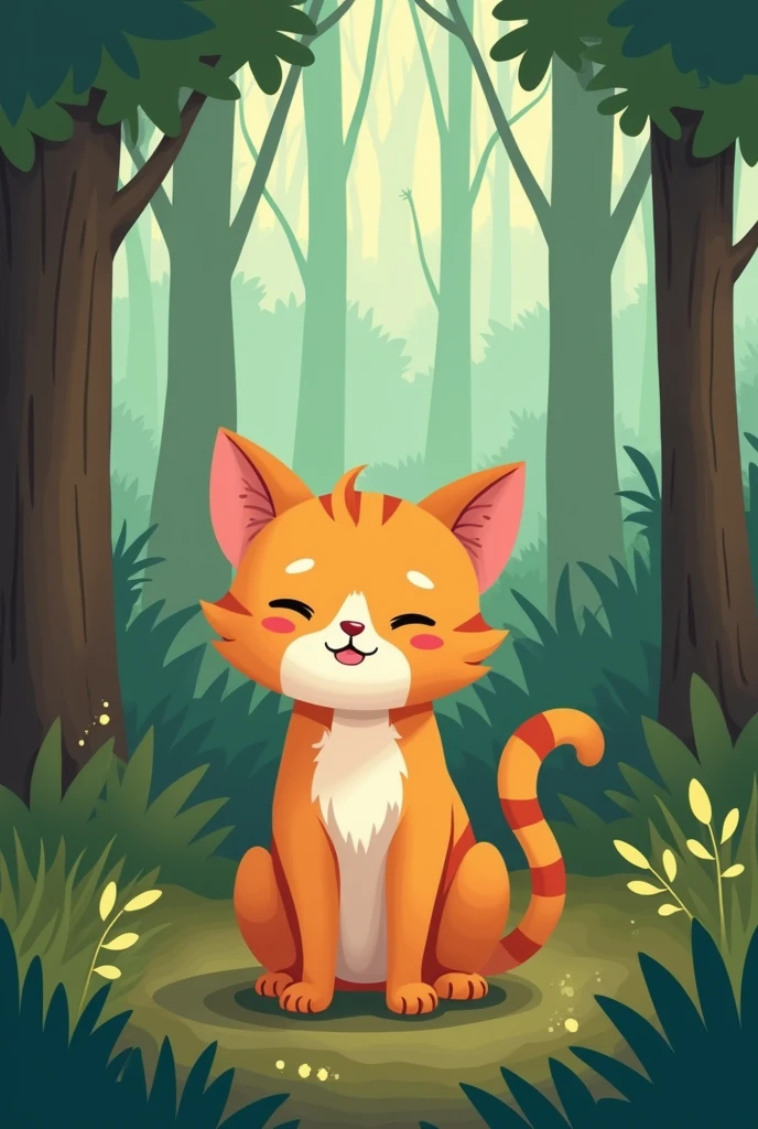 CAT WITH CLOSED EYES IN THE FOREST CARTOON