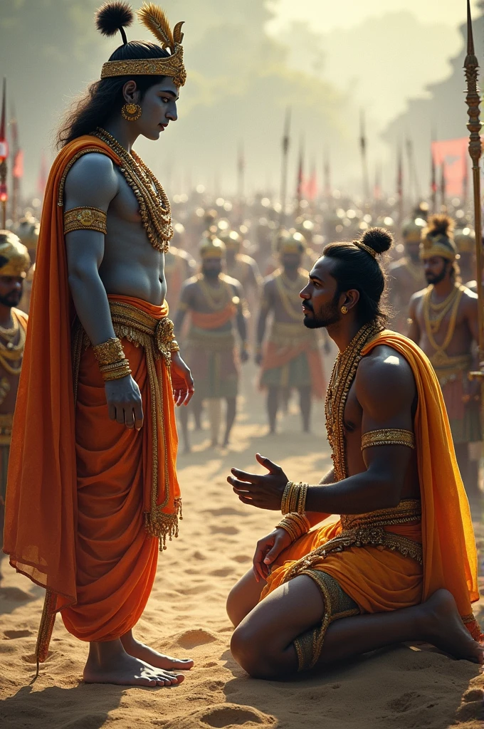#mahabharata #arjun on knees # god krushna is saying wisdom standing in front of arjun # they both are in between of army of kaurav and army of pandav # kurukhetra battelfield # indian charriots with horse # indian kings # with traditional gold Dimond jewellery # with ancient india 's warrior # bhagwatgeeta # both army is going to fight # there are with ancient indian wepeons # sankh # gada #bhala # talwar # horse army # elephent army # gold's charriots # they are armed