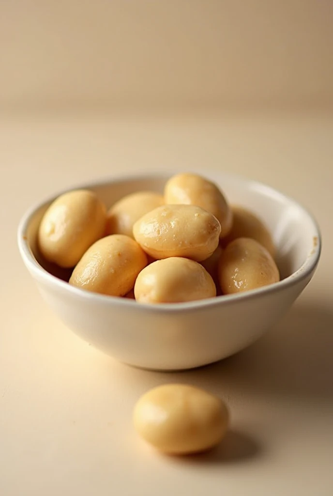 creamy vanilla macadamia nuts, put in bowl, near angle