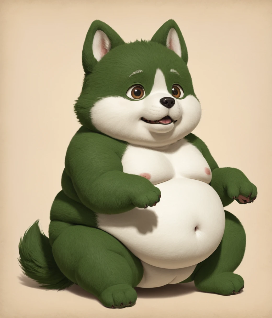 (cute, fat, obese, anthro, male, dog cub), cartoon confused, golden ratio, style of studio ghibli, fantasy background, nude, sitting on earth, spread legs, white underwear, green fur, fantasy background, detailxl