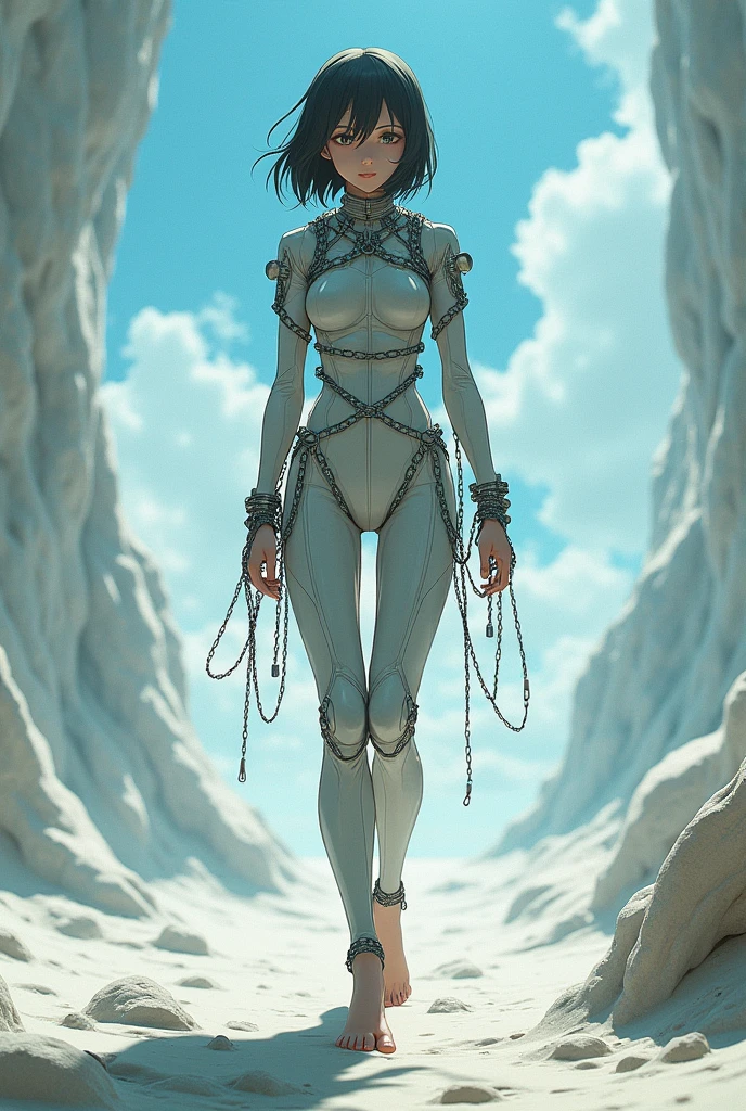 Barefoot anime woman in elastic space jumpsuit fully chained walking
