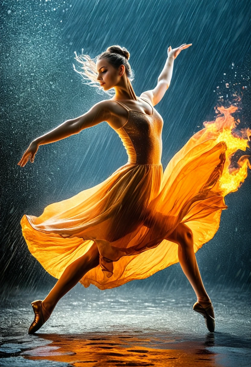 a portrait of female classical ballet prima ballerina dancing in the rain, a full body picture ((anatomically correct: 1.5)) of a exquisite beautiful female dancer wearing silk evening dress, intricate dress, (dress is on fire: 1.3), dynamic hair color, dynamic hair style, dynamic skin complexion, wearing ballet shoes, wearing thigh highs, ((she is standing in the middle of the rain storm: 1.5)),  she is wet, yet enjoys the dance in the rain, cloudy night, lightning storm, dynamic background, vibrant, Ultra-high resolution, High Contrast, (masterpiece:1.5), highest quality, Best aesthetics), best details, best quality, highres, 16k, (ultra detailed: 1.5), masterpiece, best quality, (extremely detailed) RAW, (ultra details, Masterpiece, best quality), Cinematic Hollywood Film, artxldnc, 