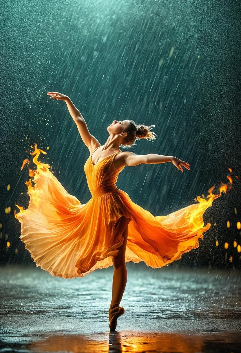a portrait of female classical ballet prima ballerina dancing in the rain, a full body picture ((anatomically correct: 1.5)) of a exquisite beautiful female dancer wearing silk evening dress, intricate dress, (dress is on fire: 1.3), dynamic hair color, dynamic hair style, dynamic skin complexion, wearing ballet shoes, wearing thigh highs, ((she is standing in the middle of the rain storm: 1.5)), she is wet, yet enjoys the dance in the rain, cloudy night, lightning storm, dynamic background, vibrant, Ultra-high resolution, High Contrast, (masterpiece:1.5), highest quality, Best aesthetics), best details, best quality, highres, 16k, (ultra detailed: 1.5), masterpiece, best quality, (extremely detailed) RAW, (ultra details, Masterpiece, best quality), Cinematic Hollywood Film, artxldnc,