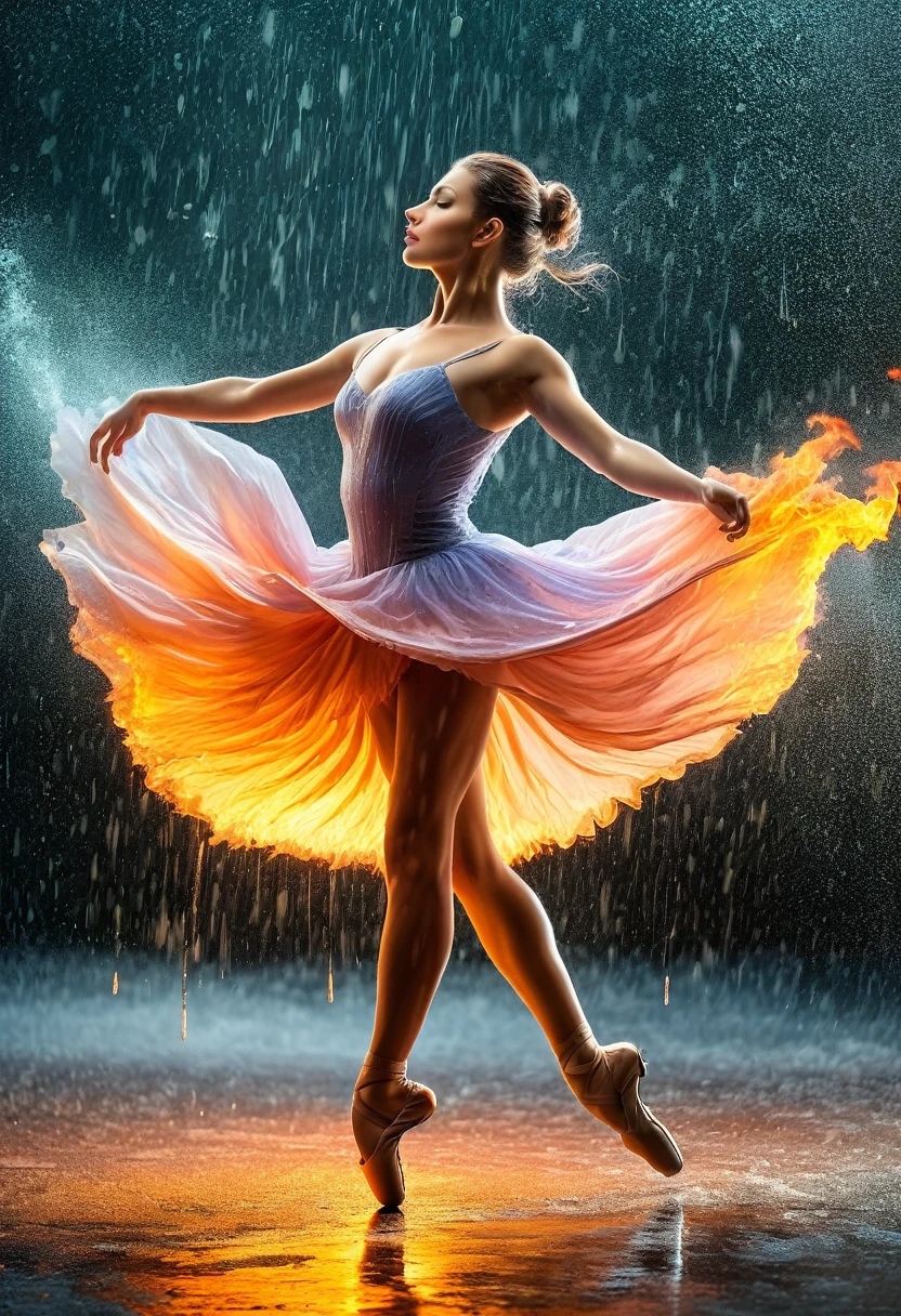 a portrait of female classical ballet prima ballerina dancing in the rain, a full body picture ((anatomically correct: 1.5)) of a exquisite beautiful female dancer wearing silk evening dress, intricate dress, (dress is on fire: 1.3), dynamic hair color, dynamic hair style, dynamic skin complexion, wearing ballet shoes, wearing thigh highs, ((she is standing in the middle of the rain storm: 1.5)),  she is wet, yet enjoys the dance in the rain, cloudy night, lightning storm, dynamic background, vibrant, Ultra-high resolution, High Contrast, (masterpiece:1.5), highest quality, Best aesthetics), best details, best quality, highres, 16k, (ultra detailed: 1.5), masterpiece, best quality, (extremely detailed) RAW, (ultra details, Masterpiece, best quality), Cinematic Hollywood Film, artxldnc, 