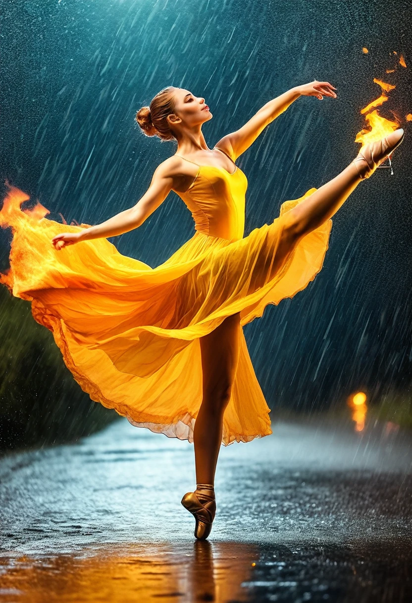 a portrait of female classical ballet prima ballerina dancing in the rain, a full body picture ((anatomically correct: 1.5)) of a exquisite beautiful female dancer wearing silk evening dress, intricate dress, (dress is on fire: 1.3), dynamic hair color, dynamic hair style, dynamic skin complexion, wearing ballet shoes, wearing thigh highs, ((she is standing in the middle of the rain storm: 1.5)),  she is wet, yet enjoys the dance in the rain, cloudy night, lightning storm, dynamic background, vibrant, Ultra-high resolution, High Contrast, (masterpiece:1.5), highest quality, Best aesthetics), best details, best quality, highres, 16k, (ultra detailed: 1.5), masterpiece, best quality, (extremely detailed) RAW, (ultra details, Masterpiece, best quality), Cinematic Hollywood Film, artxldnc, 