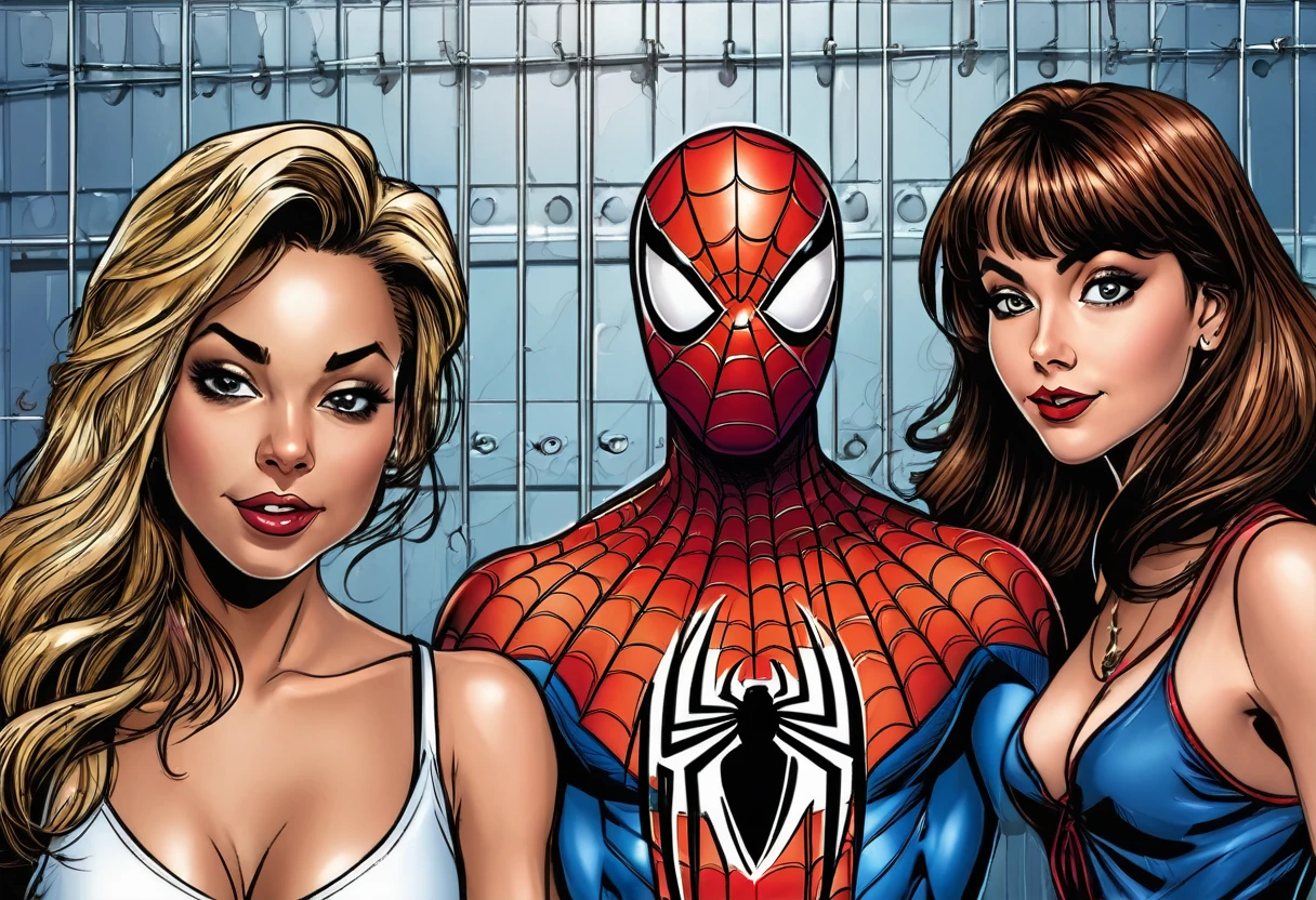 Three gorgeous women (varied height, varied weight, varied race, wearing a towel or less, crazy hairdo, crazy jewelry, tend towards fit and hourglass figure) they are flirting with Spider Man, women's locker room. Spiderman has webbed a villain to the wall, he is embarrassed by the women's attention