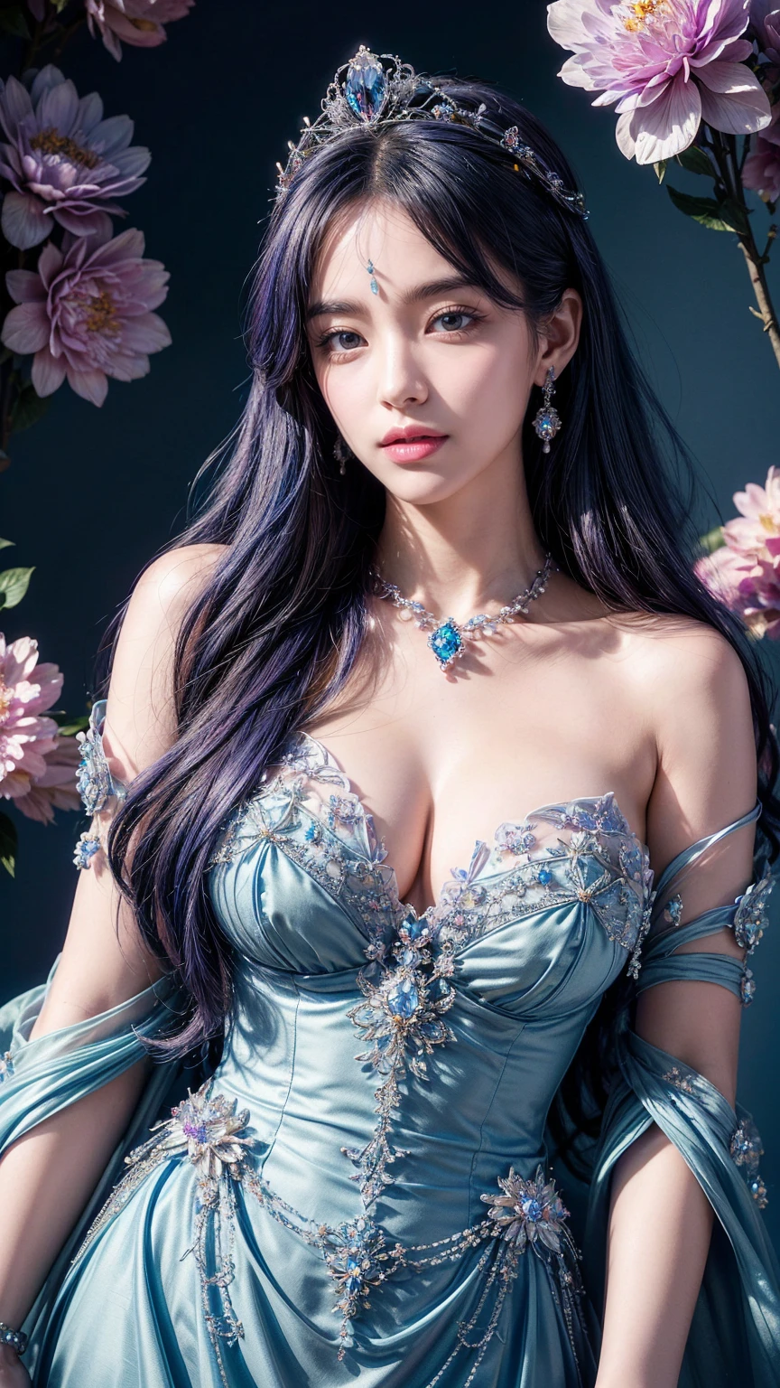 tmasterpiece,Highest high resolution,((magic orb)),Dynamic bust of a beautiful aristocratic maiden,Blue hair is gracefully curled,((Wearing a crown of huge flowers)),Purple clear eyes,(((Hair is covered with beautiful and delicate floral craftsmanship, Crystal Jewelry Filigree))),Ultra-detailed details,upscaled,The Earth Rises。