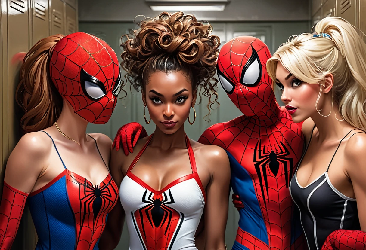 Three gorgeous women (varied height, varied weight, varied race, wearing a towel or less, crazy hairdo, crazy jewelry, tend towards fit and hourglass figure) they are flirting with Spider Man, women's locker room. Spiderman has webbed a villain to the wall, he is embarrassed by the women's attention