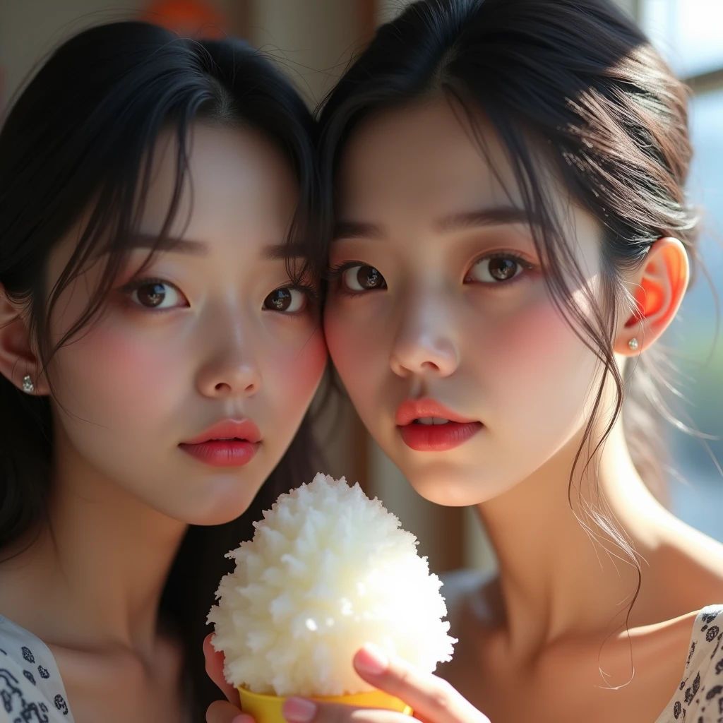 Realistic photo, two japanese women, Detailed face and body, Natural light, High resolution, photoRealistic, (Highest quality,8k,High resolution,masterpiece:1.2),Very detailed,(Realistic,photoRealistic,photo-Realistic:1.37),Realistic skin texture,Fine eyes and lips,Beautifully detailed face,Long eyelashes,Smooth Skin,Natural body shape、Eating shaved ice with relish
