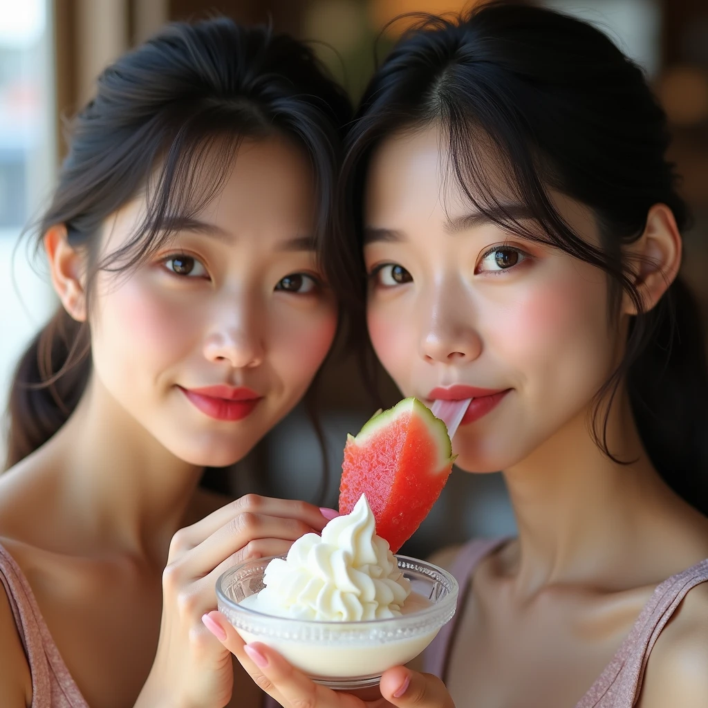 Realistic photo, two japanese women, Detailed face and body, Natural light, High resolution, photoRealistic, (Highest quality,8k,High resolution,masterpiece:1.2),Very detailed,(Realistic,photoRealistic,photo-Realistic:1.37),Realistic skin texture,Fine eyes and lips,Beautifully detailed face,Long eyelashes,Smooth Skin,Natural body shape、Eating shaved ice with relish