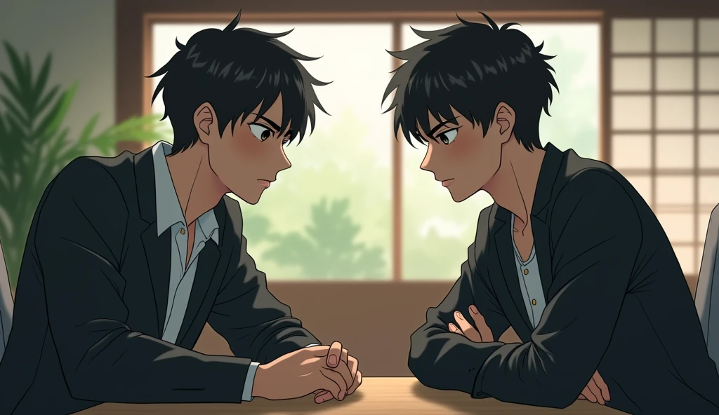 Two Japanese male university students wearing fashionable clothes are having a discussion with gloomy expressions,Excited, Photo of your face, In a Japanese-style room, with a natural look, With a slightly tired look, tilt your face a little, Diagonal orientation, Average face