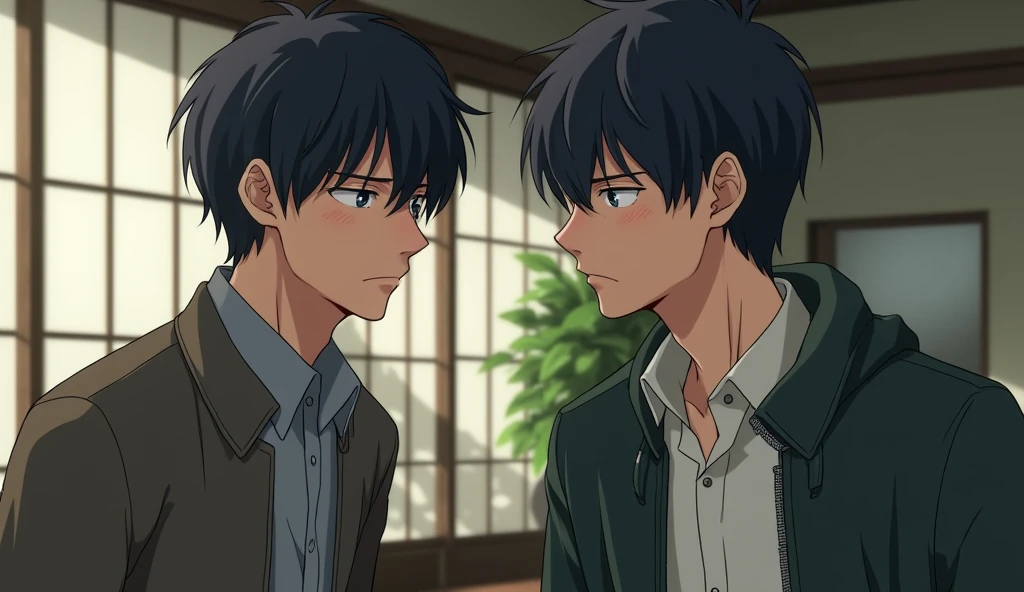 Two Japanese male university students wearing fashionable clothes are having a discussion with gloomy expressions,Excited, Photo of your face, In a Japanese-style room, with a natural look, With a slightly tired look, tilt your face a little, Diagonal orientation, Average face