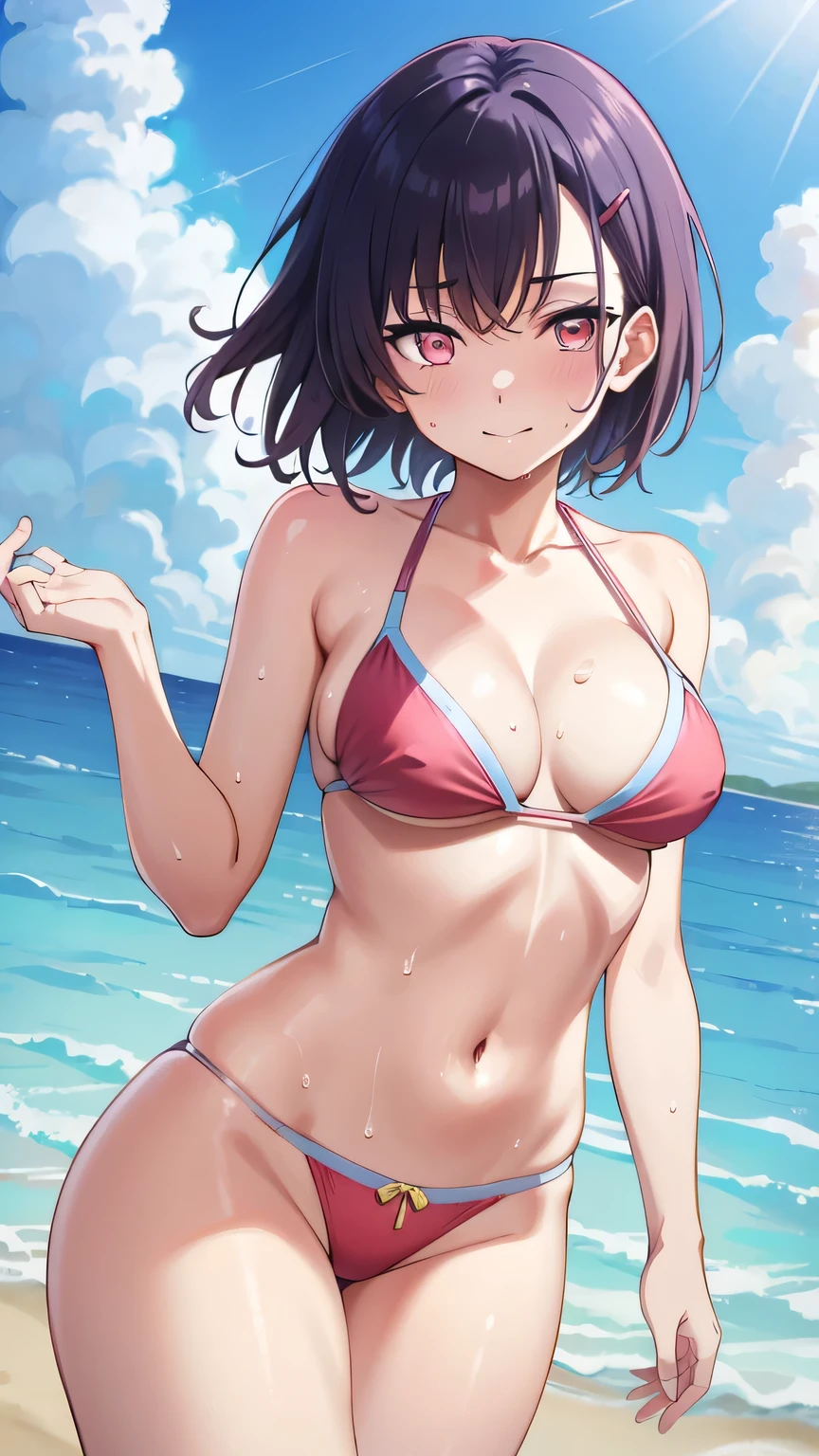 {{{masterpiece}}}, {{{best quality}}}, {{ultra-detailed}}, {illustration}, {{an extremely delicate and beautiful}}, (beautiful detailed eyes:1.6), extremely detailed face, 16k, visual anime de uma jovem mulher, extremamente bonito rosto de anime, anime melhor garota,(High resolution eyes, Beautiful eyes, Light in the eyes), anime face, shizuka mikazuki(Zom 100: Bucket List of the Dead), MShizukaV4, cute face, short hair, purple hair, hair ornaments, hair clip, (pink eyes:1.5), flowing bangs, medium breasts, thin waist, big hips, curvaceous, break ,navel, 1girl, swimsuit, bikini, looking at viewer, outdoor, sky, sea, daytime, beach, crowd of people, standing, smiling, embarrassed, flushed cheeks, Dutch angle, erect nipples, cameltoe, mons pubis, groin, Super shiny hair and skin, (Sweaty body, Dynamism), cowboy shot