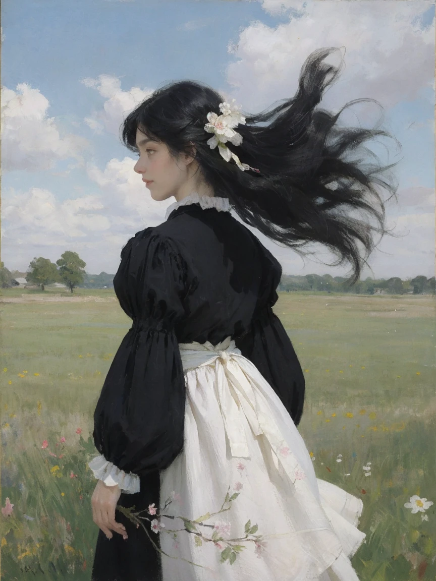 painting style, one woman, short flowy curly black hair, pale skin, facing away, ribbons and flowers, scenic, cloth flowing with the wind, windy, dressed in black, ribbons flowing around, serene