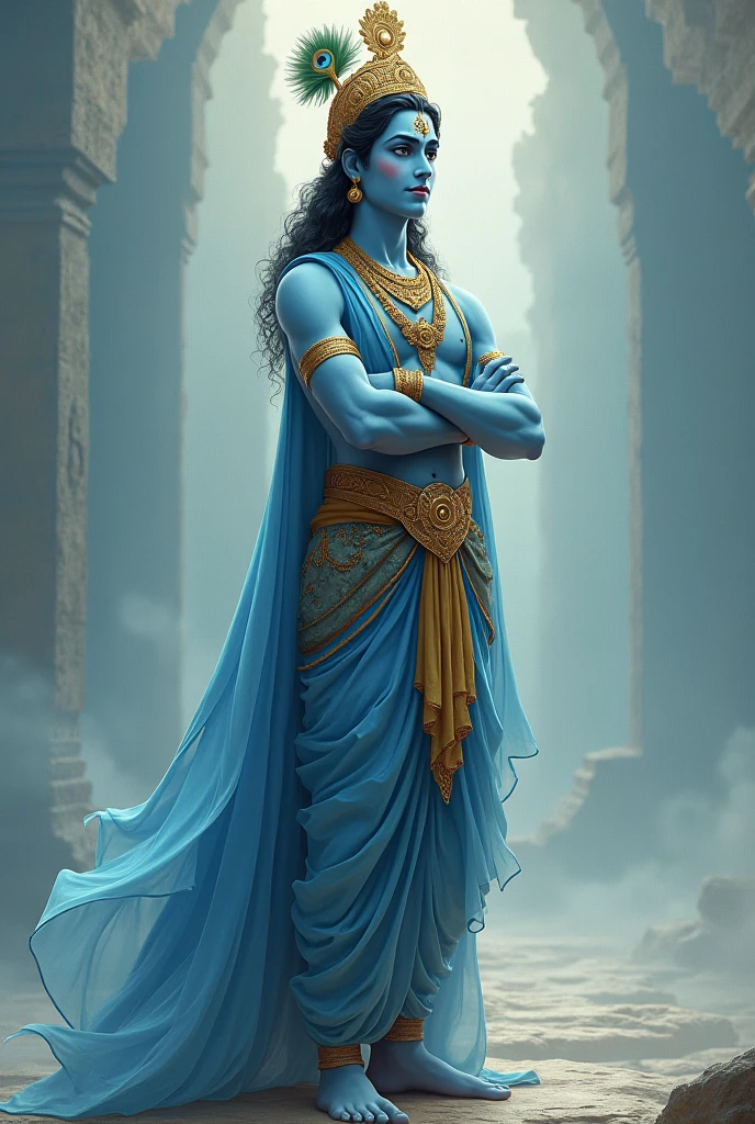 Can you generate an image of Lord Krishna in a different pose, perhaps standing with his foot forward and his arms crossed, conveying a sense of authority and wisdom, while still maintaining the serene expression and traditional attire?