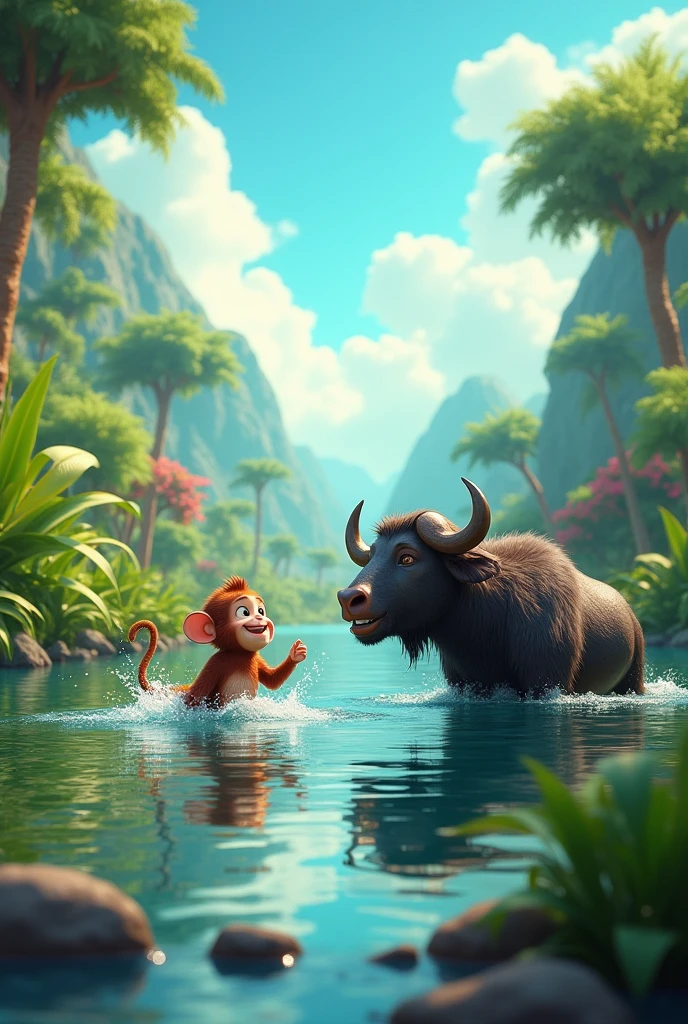 Show a lush green jungle with a beautiful blue sky. Show the chubby monkey splashing water in the lake, with a joyful expression. Introduce the buffalo slowly walking into the water. Show the monkey and buffalo talking in the lake. Use speech bubbles or animated lips to show their conversation. how the jungle with lush greenery turning into a dry and hot environment. Show other animals looking tired and thirsty.