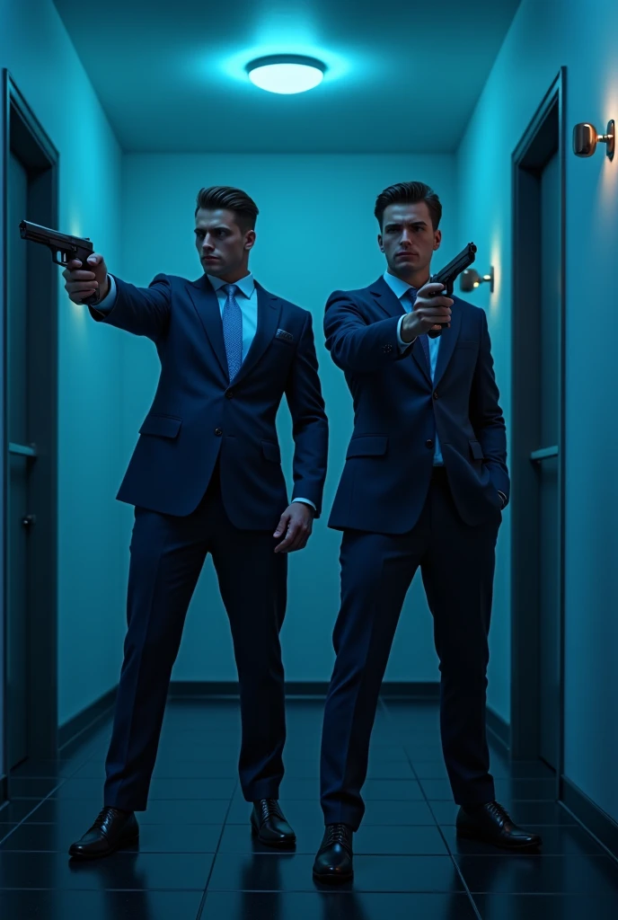 Handsome men in blue dress and 9mm pistol floor is black and light is blue