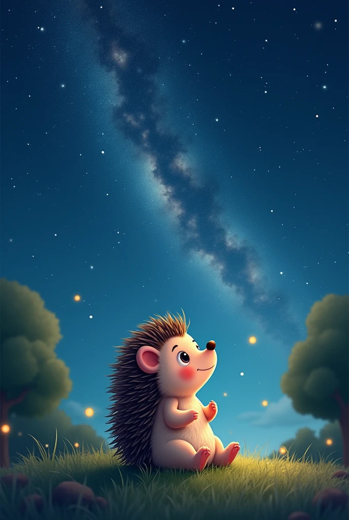 A cute and charming hedgehog character is gazing up at a starry night sky. The hedgehog sits on a soft patch of grass, its tiny paws resting in its lap as it looks up in awe and wonder. The night sky above is filled with twinkling stars, with the Milky Way visible as a luminous band stretching across the horizon. A gentle breeze rustles the nearby trees, and a few fireflies dance in the air, adding to the magical atmosphere. The hedgehog’s eyes sparkle with curiosity and delight as it takes in the beauty of the cosmos. This serene scene captures the hedgehog’s endearing nature and its sense of wonder, highlighting a peaceful moment under the vast, starry sky.