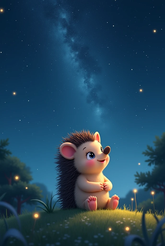 A cute and charming hedgehog character is gazing up at a starry night sky. The hedgehog sits on a soft patch of grass, its tiny paws resting in its lap as it looks up in awe and wonder. The night sky above is filled with twinkling stars, with the Milky Way visible as a luminous band stretching across the horizon. A gentle breeze rustles the nearby trees, and a few fireflies dance in the air, adding to the magical atmosphere. The hedgehog’s eyes sparkle with curiosity and delight as it takes in the beauty of the cosmos. This serene scene captures the hedgehog’s endearing nature and its sense of wonder, highlighting a peaceful moment under the vast, starry sky.