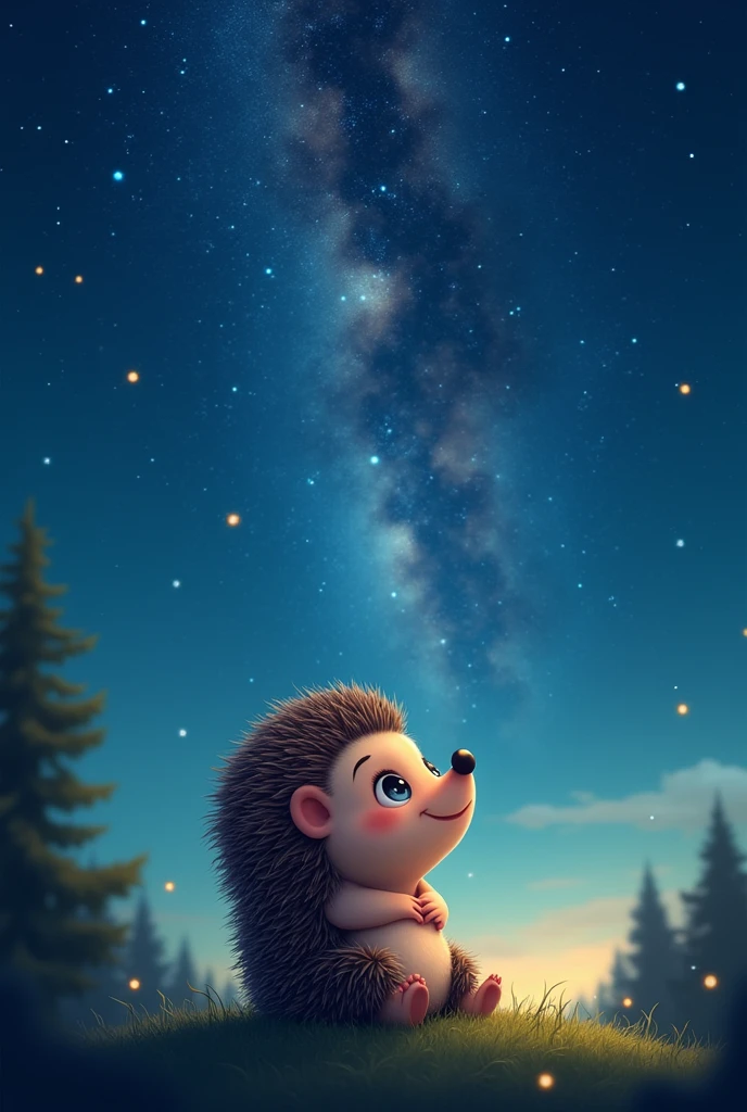 A cute and charming hedgehog character is gazing up at a starry night sky. The hedgehog sits on a soft patch of grass, its tiny paws resting in its lap as it looks up in awe and wonder. The night sky above is filled with twinkling stars, with the Milky Way visible as a luminous band stretching across the horizon. A gentle breeze rustles the nearby trees, and a few fireflies dance in the air, adding to the magical atmosphere. The hedgehog’s eyes sparkle with curiosity and delight as it takes in the beauty of the cosmos. This serene scene captures the hedgehog’s endearing nature and its sense of wonder, highlighting a peaceful moment under the vast, starry sky.