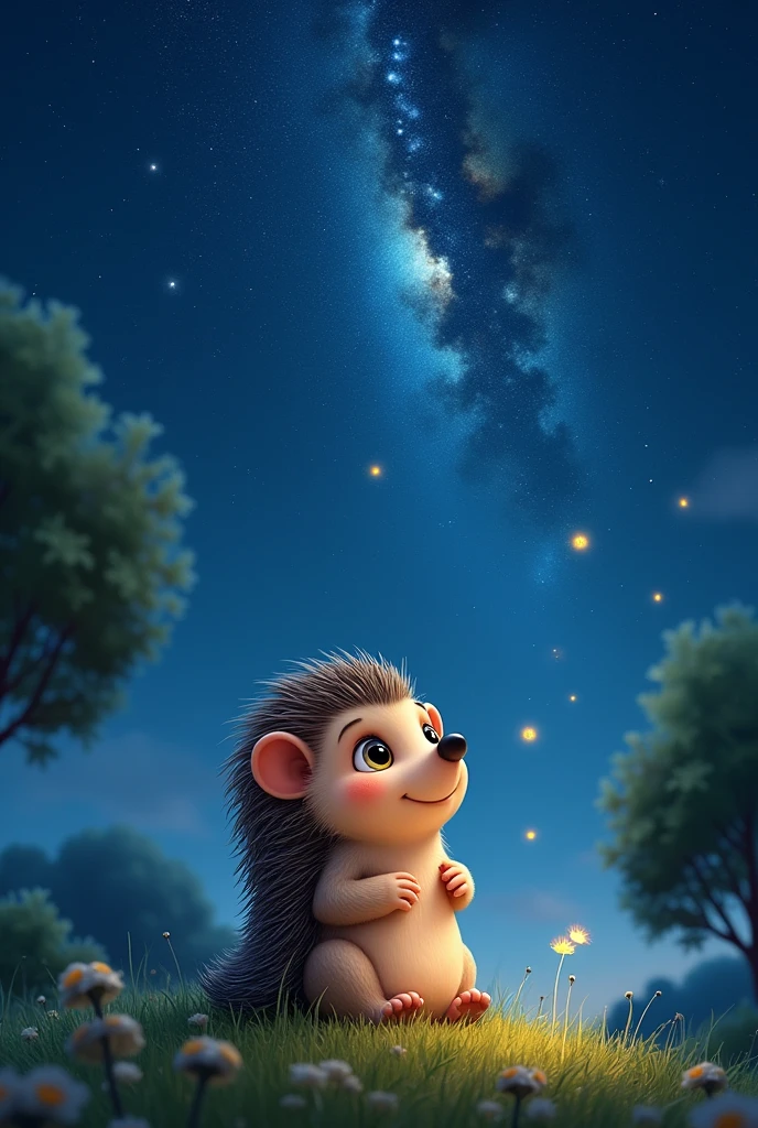 A cute and charming hedgehog character is gazing up at a starry night sky. The hedgehog sits on a soft patch of grass, its tiny paws resting in its lap as it looks up in awe and wonder. The night sky above is filled with twinkling stars, with the Milky Way visible as a luminous band stretching across the horizon. A gentle breeze rustles the nearby trees, and a few fireflies dance in the air, adding to the magical atmosphere. The hedgehog’s eyes sparkle with curiosity and delight as it takes in the beauty of the cosmos. This serene scene captures the hedgehog’s endearing nature and its sense of wonder, highlighting a peaceful moment under the vast, starry sky.