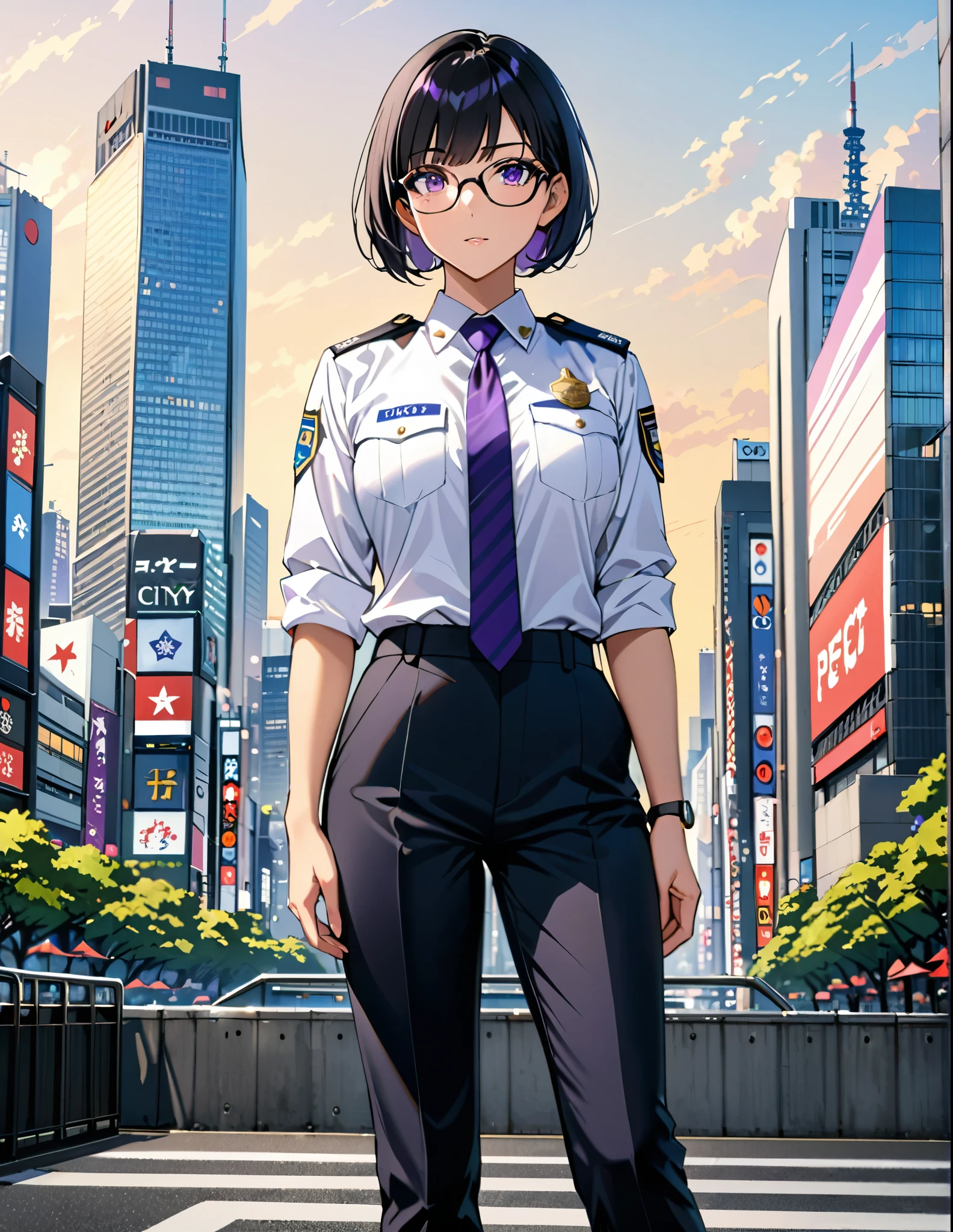 masterpiece, best quality, medium breasts, solo, (jet black hair, short hair, bob hair, purple eyes, bangs), (full body), city backdrop, tokyo city backdrop, solo, solo focus, standing, japanese police uniform, glasses, (white shirt), (black pants, tie), matching shoes, badge, (perfect hands, perfect anatomy), cowboy shot, superhero, ((beautiful detailed eyes)).