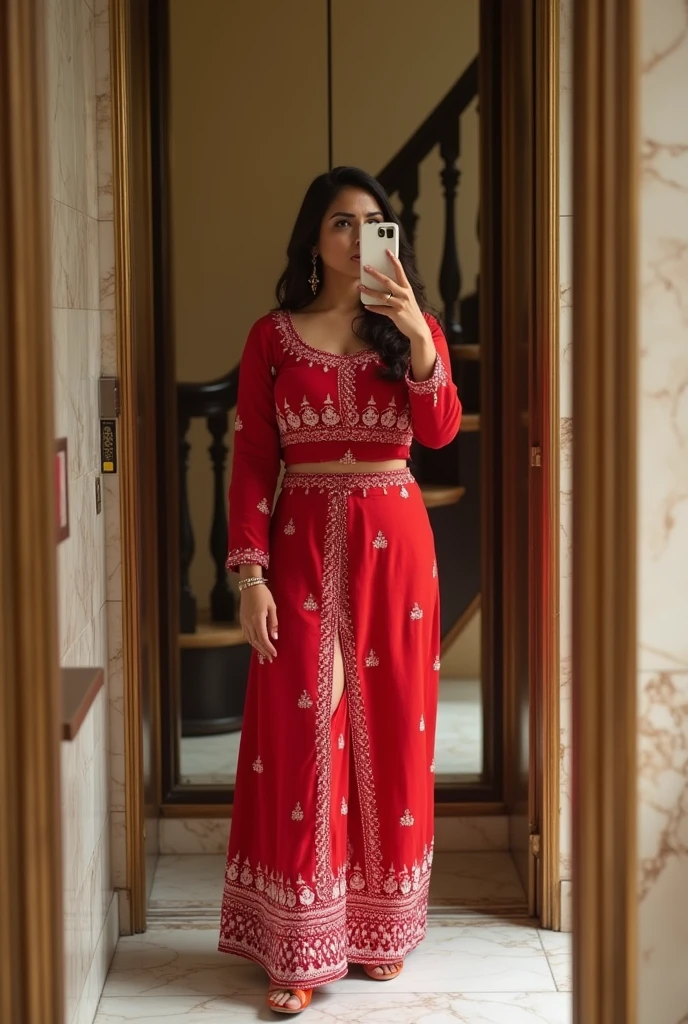 Create a mirror selfie of a sexy curvy woman wearing a traditional red Indian outfit with a white bandhani pattern. The outfit has a round neckline, long sleeves, and a high slit in the front. She is standing in front of an elevator with marble walls on the sides, and the mirror reflects her image. Her face is partially hidden by her phone as she takes the selfie. The image should include the staircase and marble flooring visible in the background, with the overall lighting being natural and warm.