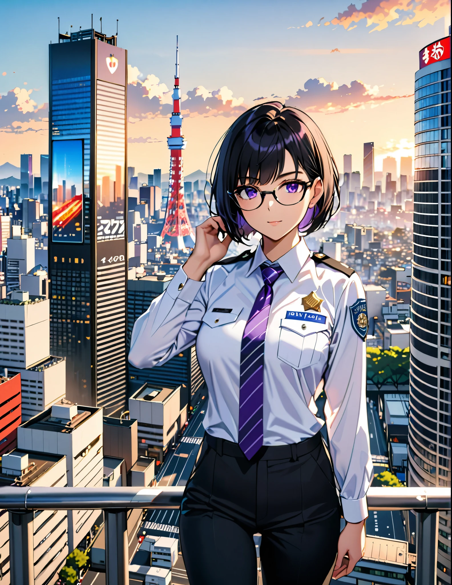 masterpiece, best quality, medium breasts, solo, (jet black hair, short hair, bob hair, purple eyes, bangs), (full body), city backdrop, tokyo city backdrop, solo, solo focus, standing, japanese police uniform, glasses, (white shirt), (black pants, tie), matching shoes, badge, (perfect hands, perfect anatomy), cowboy shot, superhero, ((beautiful detailed eyes)).