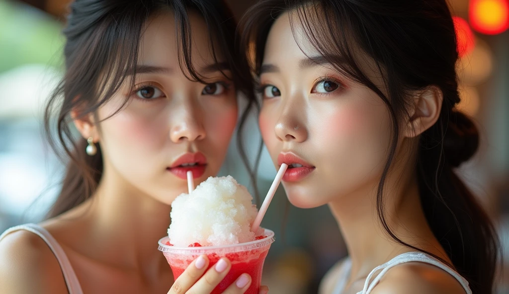 Realistic photo, two japanese women, Detailed face and body, Natural light, High resolution, photoRealistic, (Highest quality,8k,High resolution,masterpiece:1.2),Very detailed,(Realistic,photoRealistic,photo-Realistic:1.37),Realistic skin texture,Fine eyes and lips,Beautifully detailed face,Long eyelashes,Smooth Skin,Natural body shape、Eating shaved ice with relish