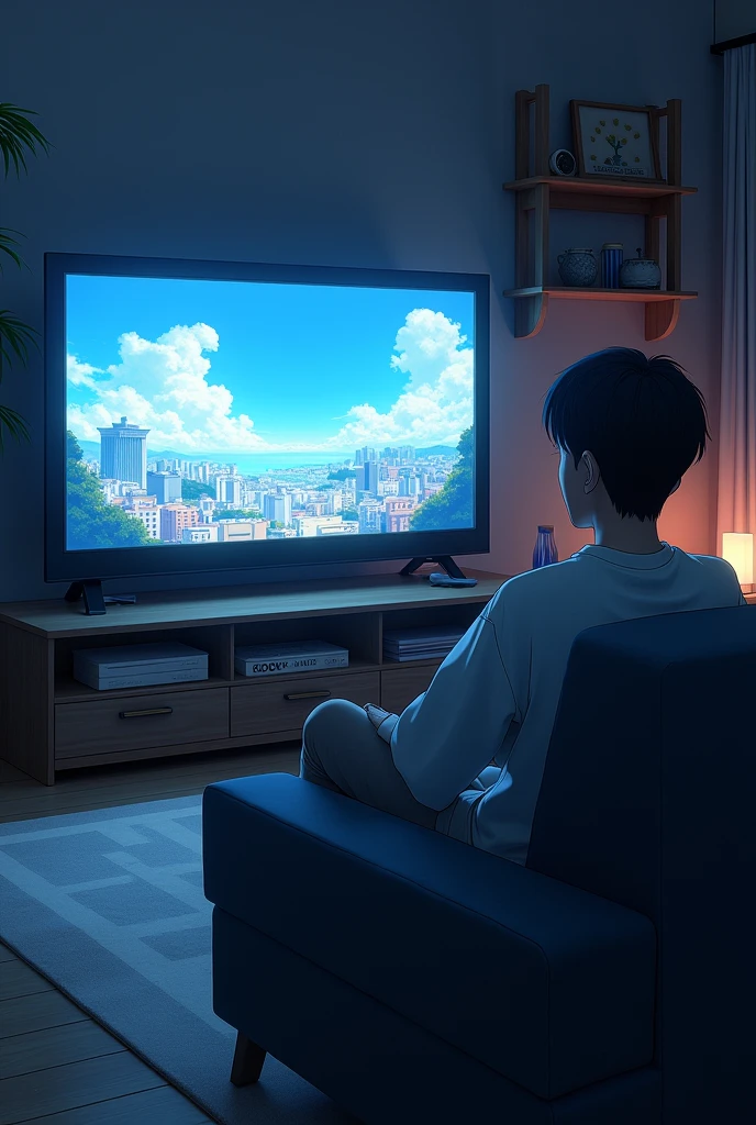 Une tele avec un anime , avec une personne qui regarde la tele