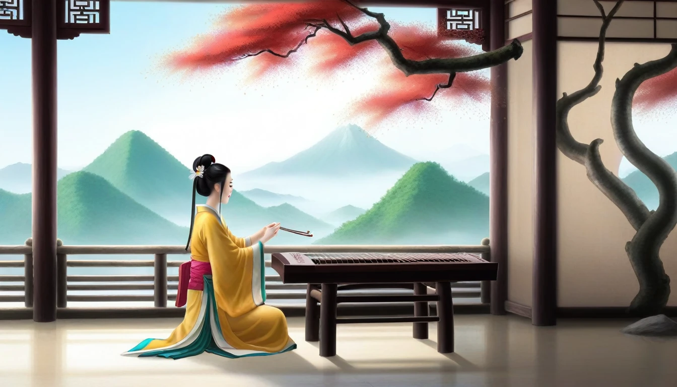 1女孩側sit背影,Solitary,A faint smile,Wearing Tang Dynasty clothes,East Asian Architecture,wall,table,firefly,flamingo,night,ginkgo leaf,Erhu,sit,wooden chair,sit , Guzheng,Musical instrument ，Vision，there is a painting there，A painting of a Chinese building，There is a red tree next to it。, Dojo on the mountain, zen Temple Background, Ross Chen. Landscape background, 3D Rendering Matte, Beautiful rendering of the Tang Dynasty, cgsociety Unreal Engine, matte painting Unreal Engine, Akihiko Yoshida. Unreal Engine, rendered in Unreal Engine 5, 游戏environment设计, environment, Temple Background