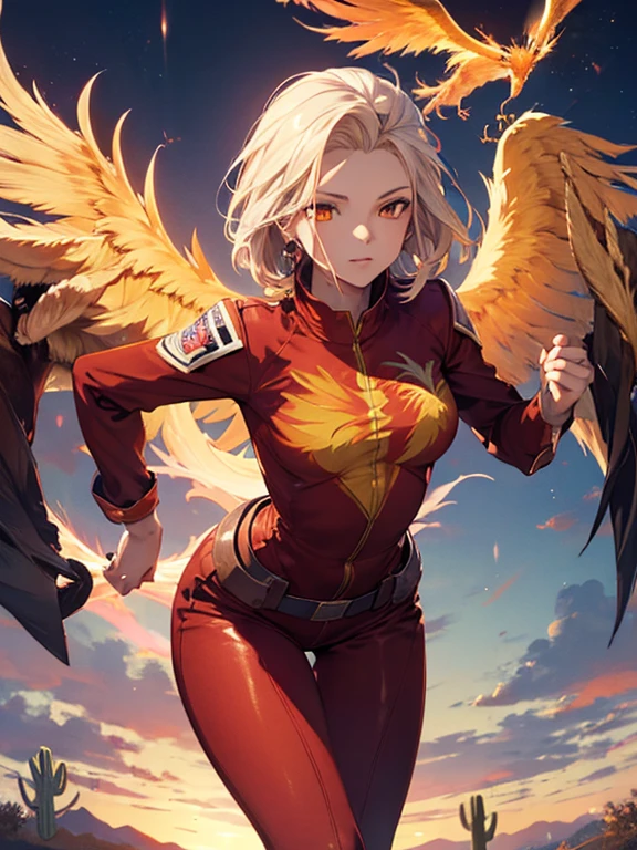 (Phoenix:1.5), Phoenix, Phoenix, Beauty, Android 18, (masterpiece), highest quality, 1girl, uhd, retina, masterpiece, ccurate, anatomically correct, textured skin, super detail, high details, high quality, best quality, highres, 4K