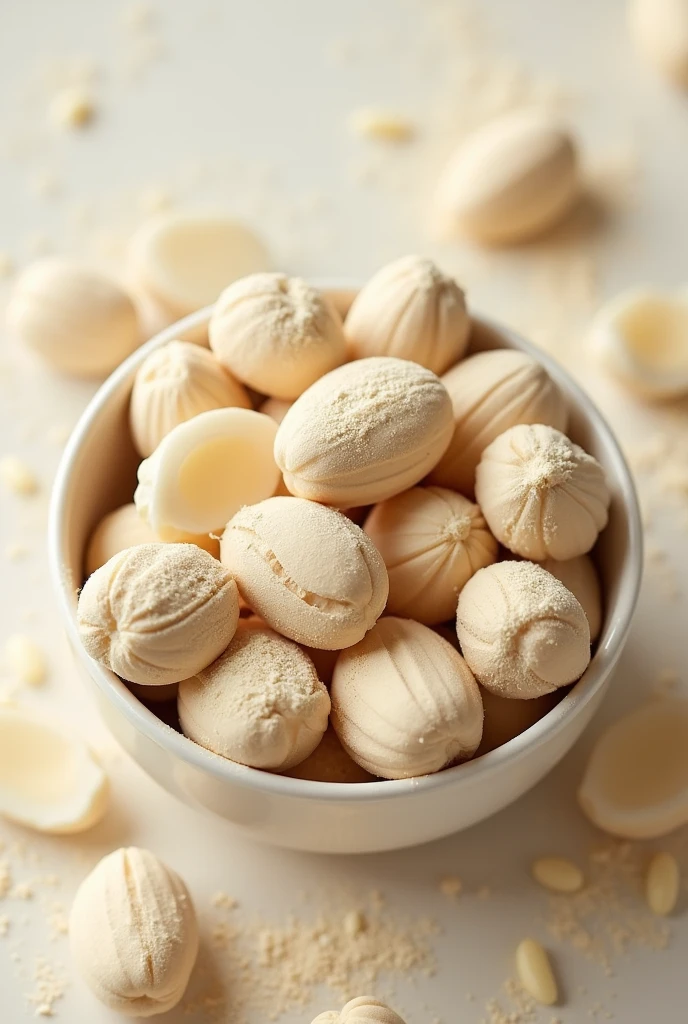 lots of macadamia nuts covered with lots of creamy vanilla powder, put in bowl, near angle. There are some macadamia nuts with shells.
