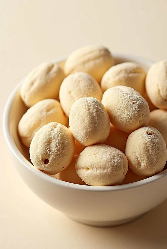 lots of macadamia nuts covered with lots of creamy vanilla powder, put in bowl, near angle. There are some macadamia nuts with shells.
