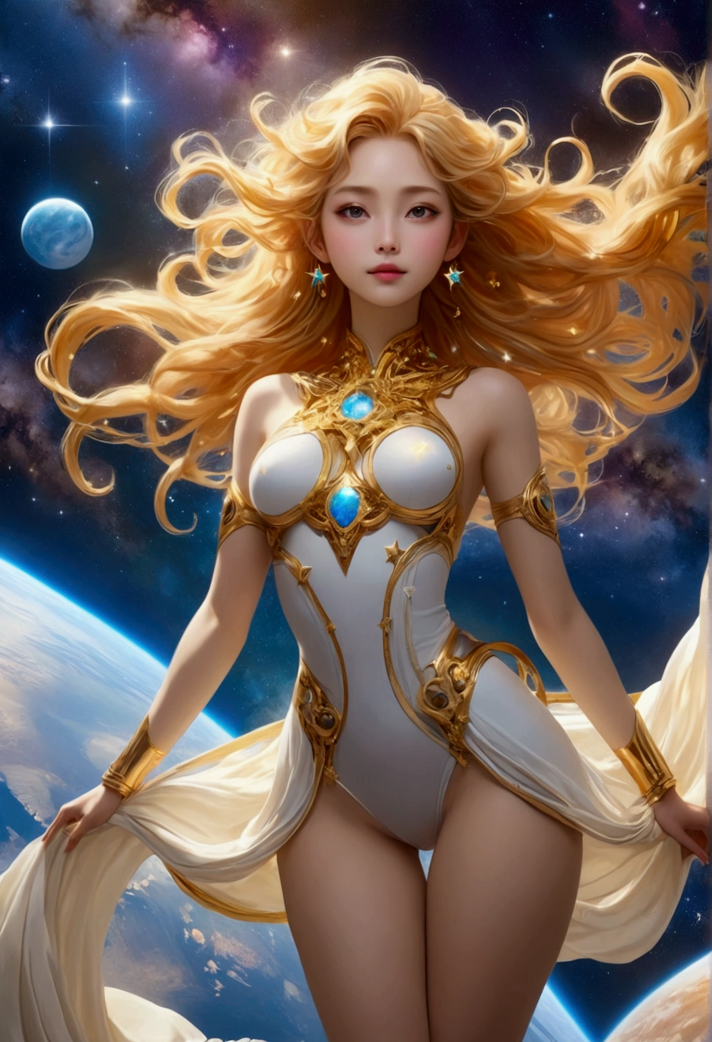 Charming big eyes，Detailed depictions of facial features，Five fingers，In his hand is a bow and arrow made of gold，The character looks into the camera，