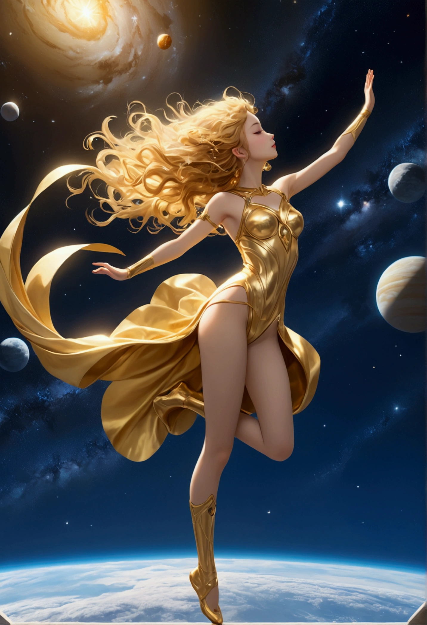 (masterpiece、Highest quality、High resolution、8k)、Alone in space、goddess、Standing posture、whole body、so beautiful、(floating in the sky like a star、floating、floating)、金色の光がwhole bodyを包んでいる、whole bodyが光の中にある、