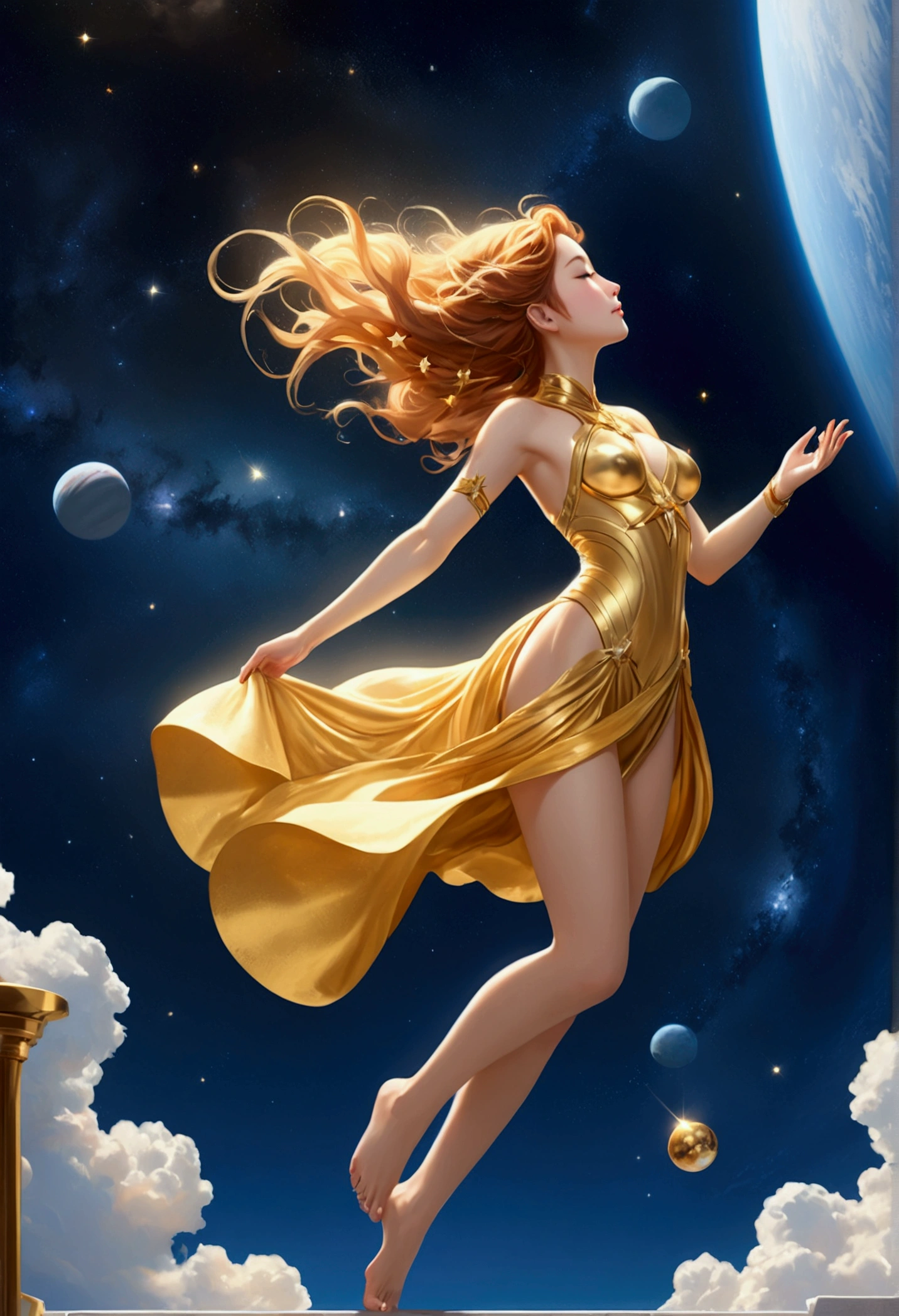 (masterpiece、Highest quality、High resolution、8k)、Alone in space、goddess、Standing posture、whole body、so beautiful、(floating in the sky like a star、floating、floating)、金色の光がwhole bodyを包んでいる、whole bodyが光の中にある、