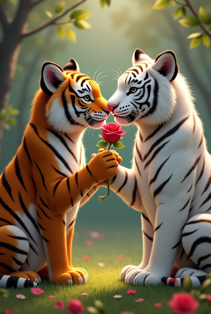One tiger is expressing love by giving a rose to another white tiger