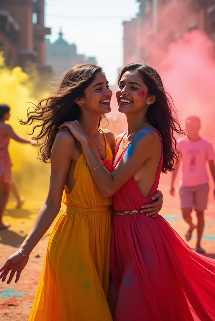 Sexy girl with friend celebration holi day
