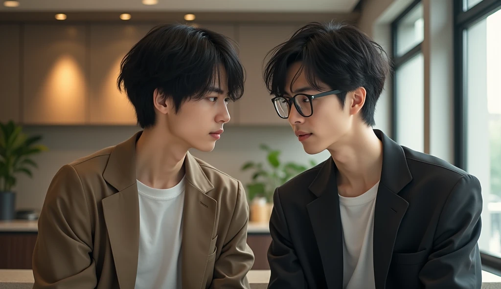 Two Japanese male university students wearing fashionable clothes are having a discussion with gloomy expressions,Excited, Photo of your face, In a stylish room, with a natural look, With a slightly tired look, tilt your face a little, Diagonal orientation, Average face