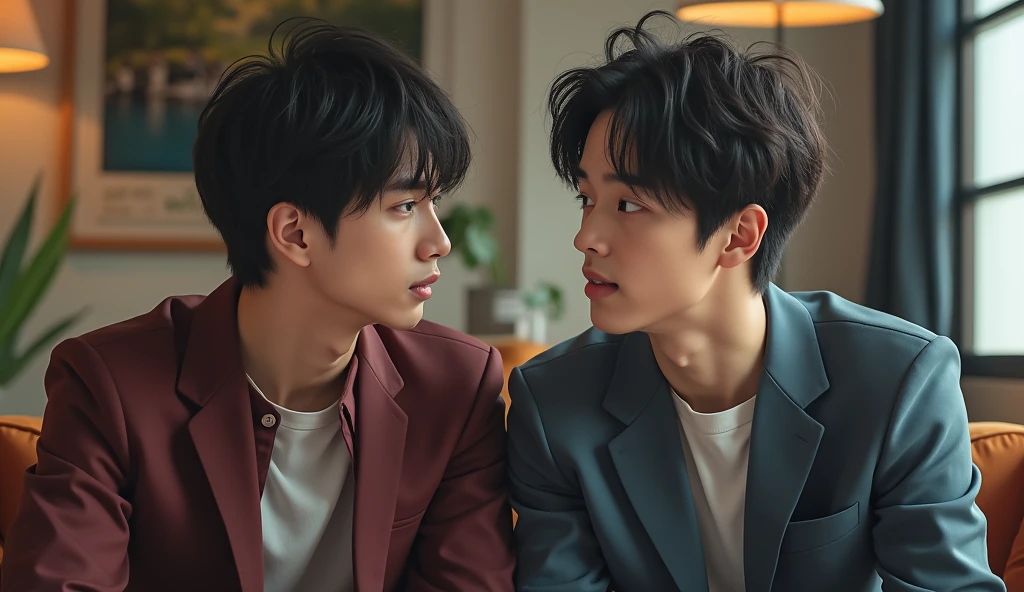 Two Japanese male university students wearing fashionable clothes are having a discussion with gloomy expressions,Excited, Photo of your face, In a stylish room, with a natural look, With a slightly tired look, tilt your face a little, Diagonal orientation, Average face