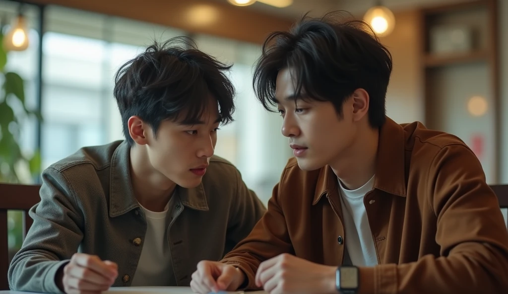 Two Japanese male university students wearing fashionable clothes are having a discussion with gloomy expressions,Excited, Photo of your face, In a stylish room, with a natural look, With a slightly tired look, tilt your face a little, Diagonal orientation, Average face
