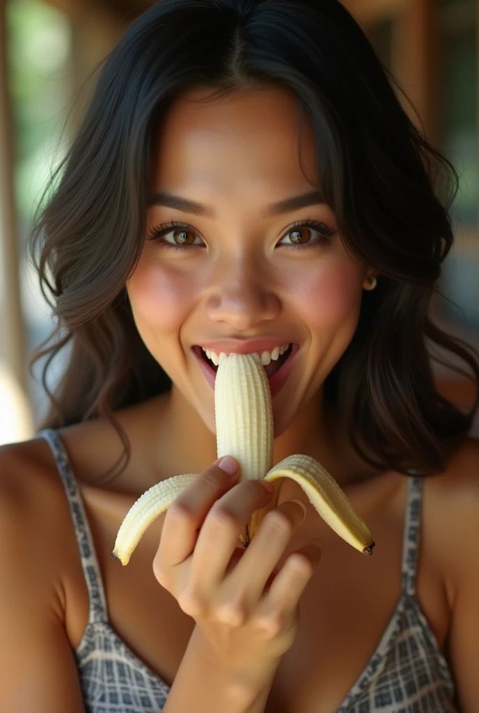A very beautiful Filipino woman in her 30s、Looking straight ahead、With an erotic and ecstatic look、Looks delicious、Eating a peeled banana with his mouth wide open。Being naked is not allowed。Background、Please recommend a famous tourist spot in the Philippines.。There are five fingers on one hand。9:In 16 sizes、Highest quality、A masterpiece please。