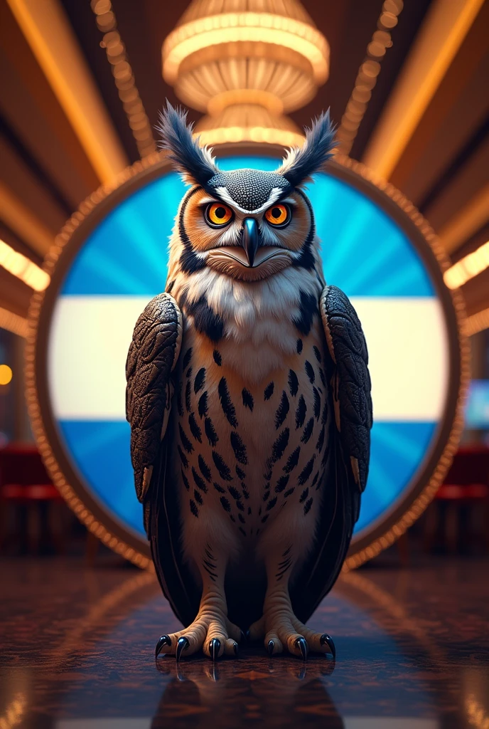 Owl man logo with argentine flag circular background 8k 4d in a casino