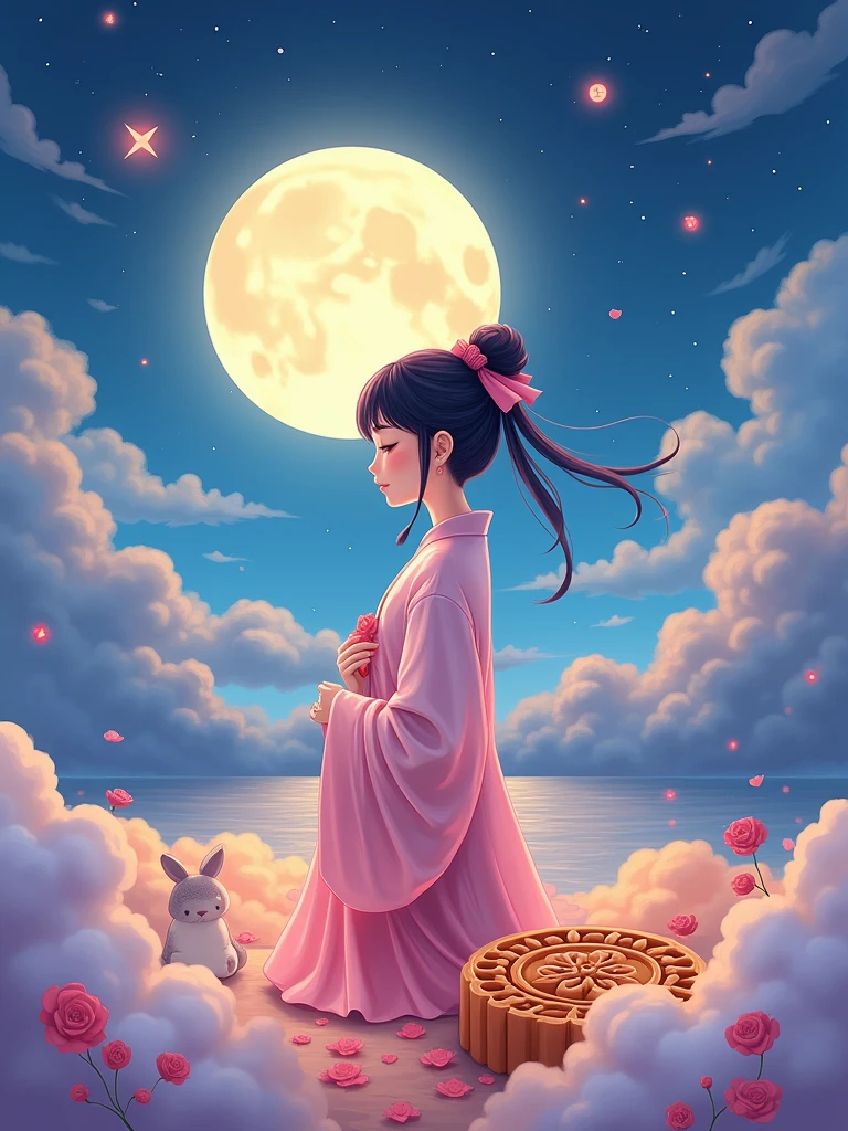 Vector illustration style,Surreal space,abstract,Mid-Autumn Festival,1 cute girl wearing Hanfu,The clothes felt soft and warm in the moonlight.,A bright moon dances gently in the background,Surrounded by the tranquil night sky and hazy clouds,还有闪闪发光的Star,Next to the girl is a huge round moon cake,Looks sweet and delicious,Next to it is a cute rabbit,Fluffy love heart,Fluffy clouds,Star,Ancient Palace,Laurel,Osmanthus fragrans,In a dream,A vibrant and fun way to set the stage,Blue, purple and pink tones,Bright,Art