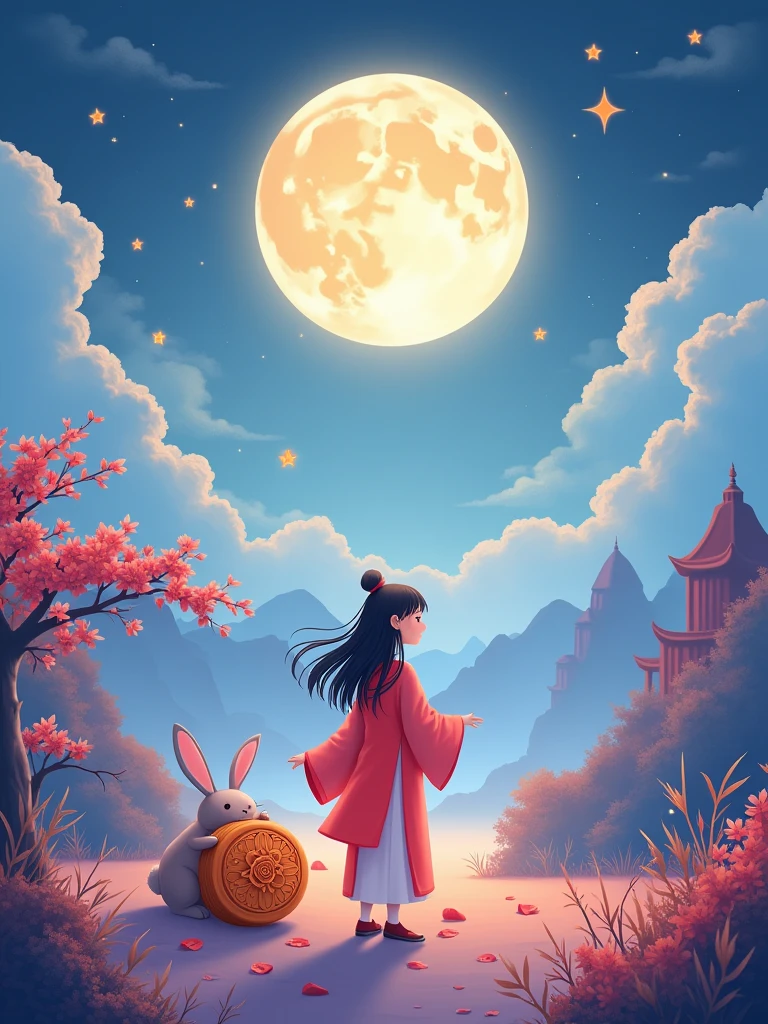 Mid-Autumn Festival，A lovely fairy，Wearing Chinese clothes，A rabbit playing next to the girl，moon cake，Auspicious Clouds，Behind the huge moon，Warm colors，Abstract screen，Surrealism，Pixar style，3D Effect，Clear outline light，Rim Light，fantasy，spotlight，8k