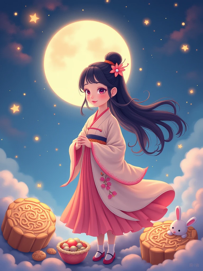 Vector illustration style,Surreal space,abstract,Mid-Autumn Festival,1 cute girl wearing Hanfu,The clothes felt soft and warm in the moonlight.,A bright moon dances gently in the background,Surrounded by the tranquil night sky and hazy clouds,还有闪闪发光的Star,Next to the girl is a huge round moon cake,Looks sweet and delicious,Next to it is a cute rabbit,Fluffy love heart,Fluffy clouds,Star,Ancient Palace,Laurel,Osmanthus fragrans,In a dream,A vibrant and fun way to set the stage,Blue, purple and pink tones,Bright,Art